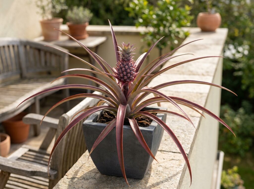 Planta abacaxi ornamental em vaso com fruto pequeno em ambiente decorativo