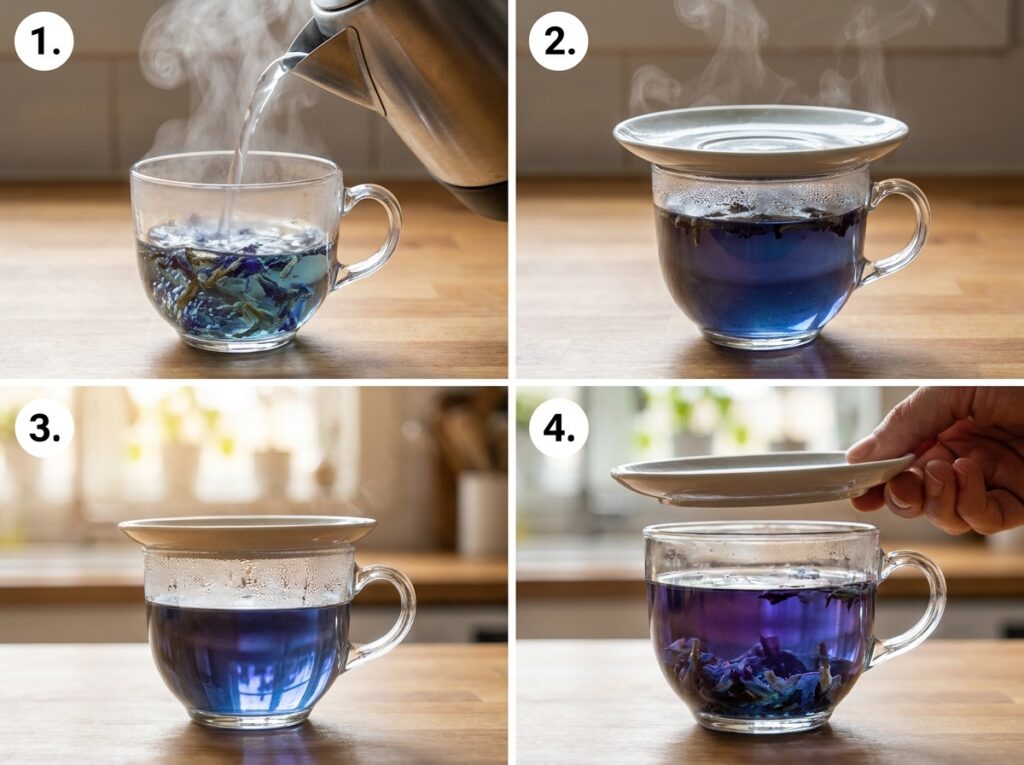 Preparo de chá de malva por infusão com água quente sobre folhas mostrando técnica correta