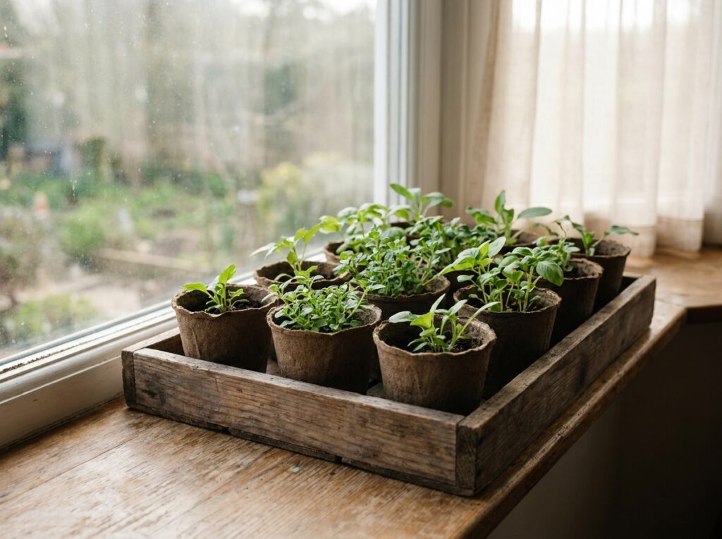 Bandeja de mudas em ambiente com luz indireta mostrando condições ideais para fazer muda de plantas