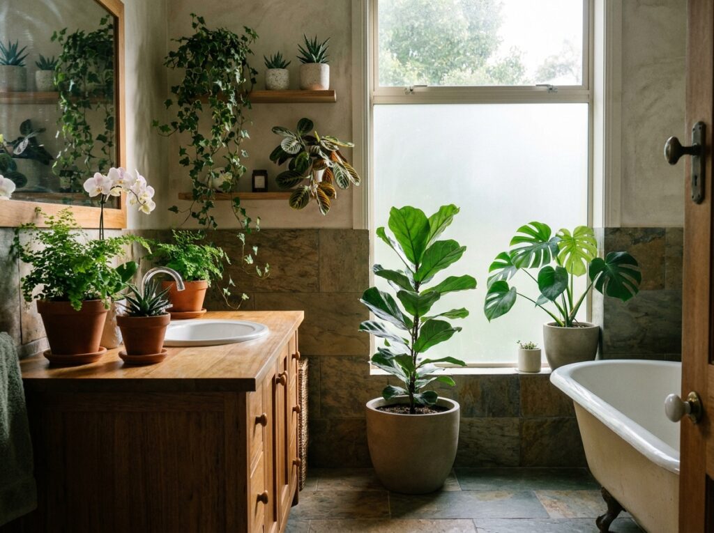 plantas distribuídas em diferentes posições dentro do banheiro com luz indireta