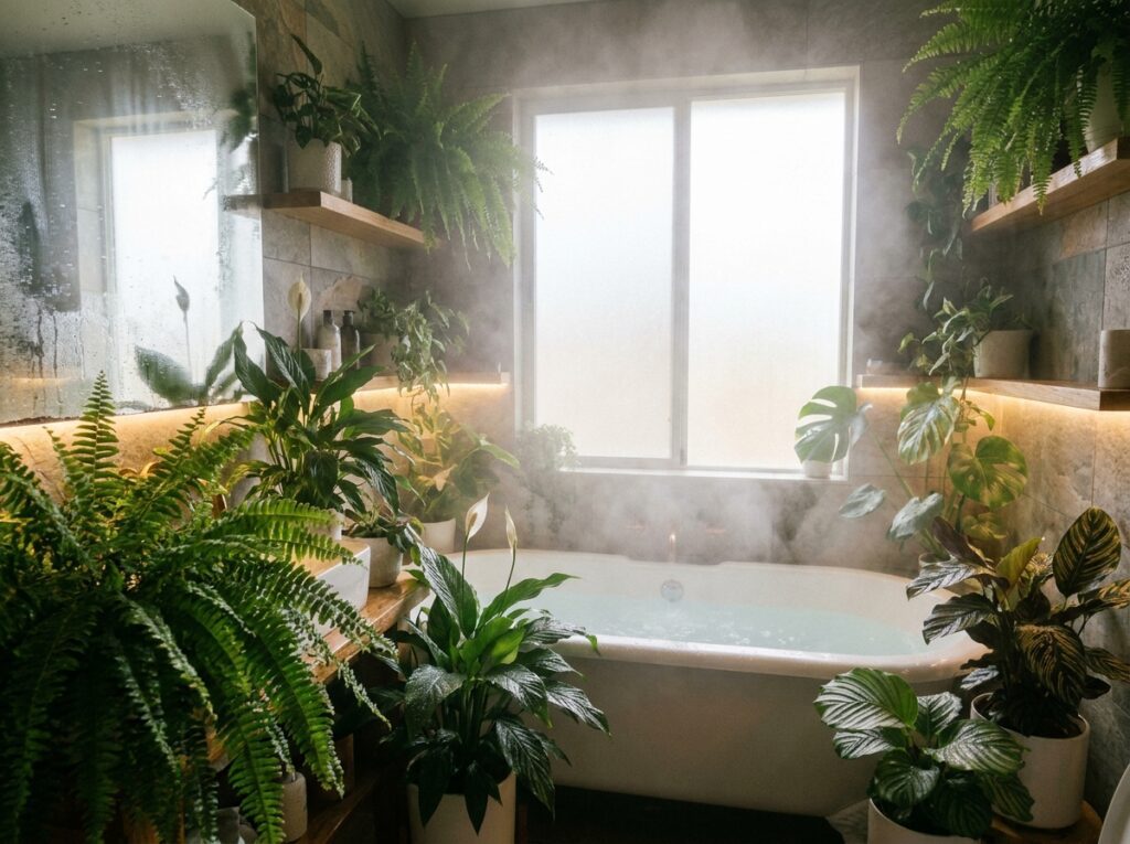samambaia e lírio da paz em banheiro com ambiente úmido