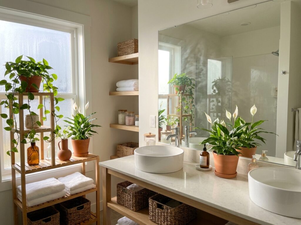 banheiro com plantas decorativas próximas à pia e janela com luz natural