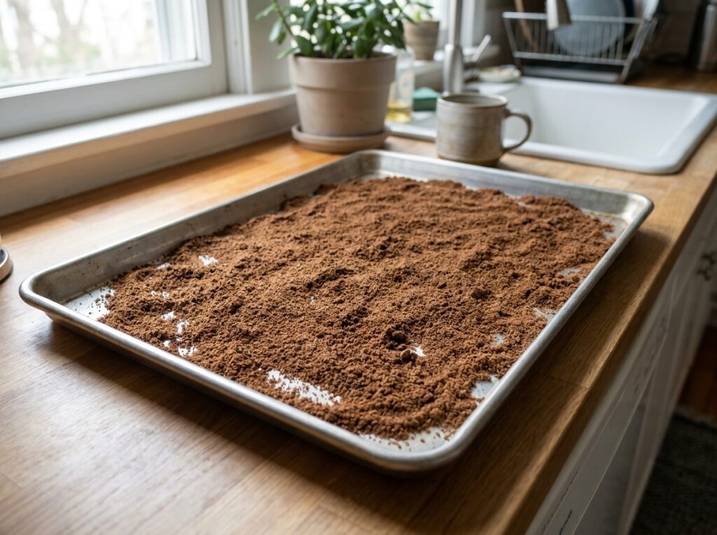 borra de café secando em bandeja mostrando preparo adequado para usar borra de café nas plantas