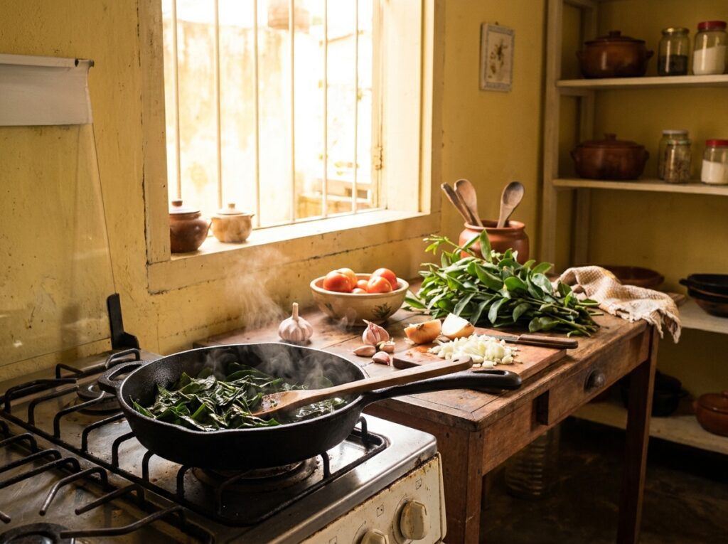 Preparo de ora-pro-nóbis refogada mostrando forma segura de consumo