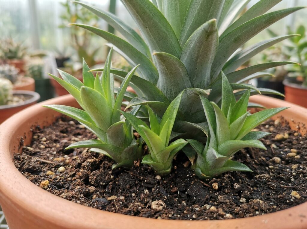 Brotos laterais do abacaxi ornamental crescendo ao redor da planta principal