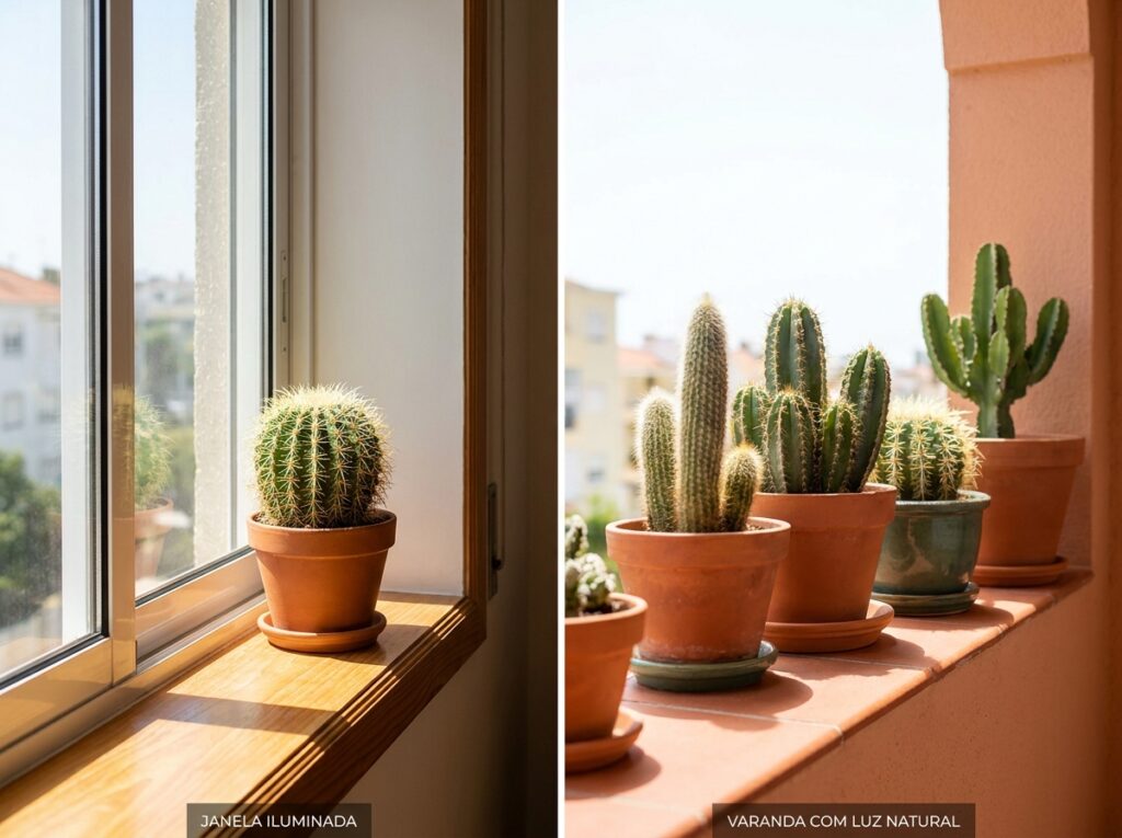 cactos posicionados em janela e varanda com boa iluminação natural dentro de casa