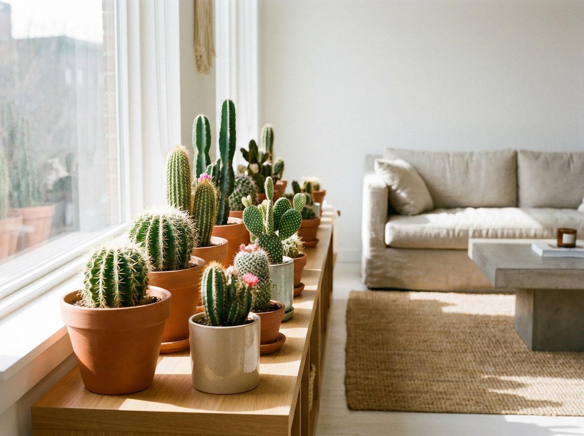 cactos saudáveis dentro de casa posicionados perto de janela com boa iluminação natural