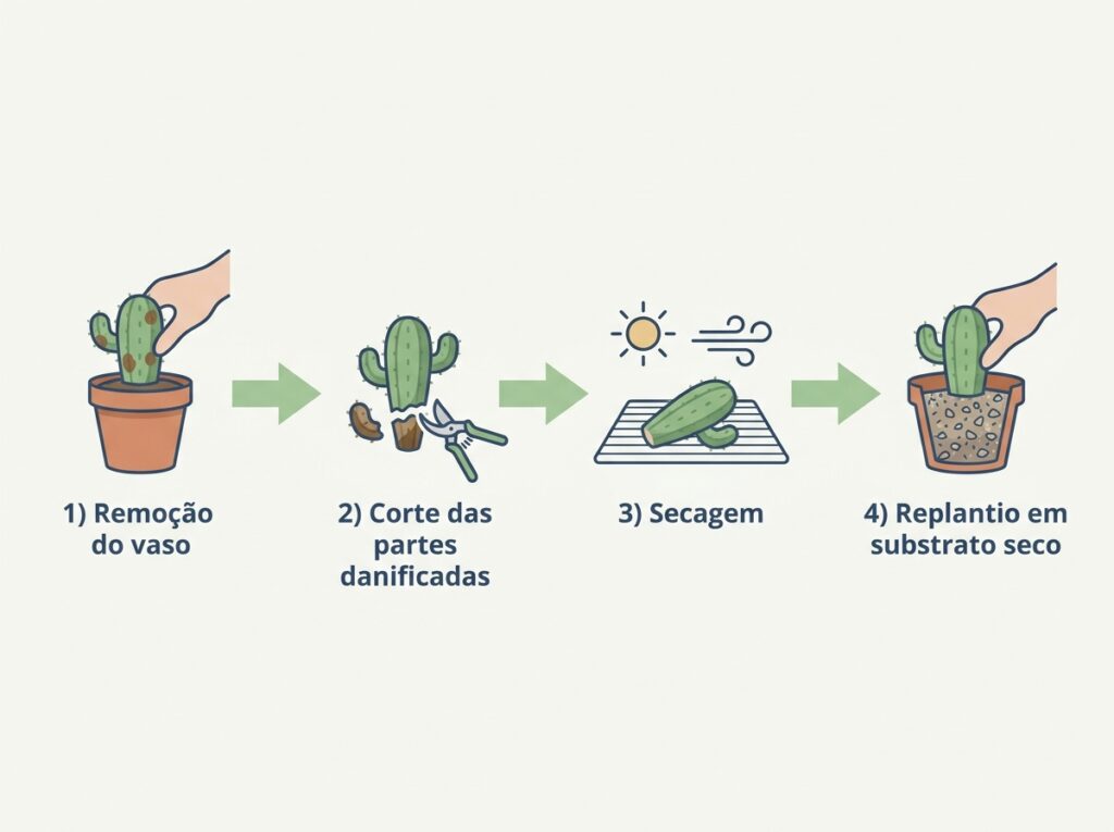 passo a passo visual de recuperação de cacto replantado em substrato seco