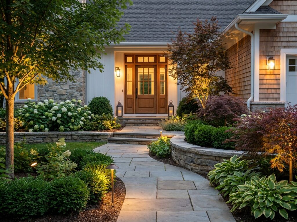Entrada de casa com paisagismo residencial incluindo plantas e caminho de pedras