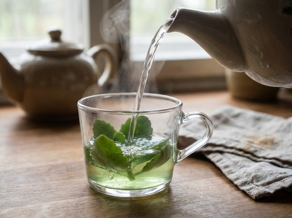 Preparo de chá de bálsamo com folha de kalanchoe em infusão mostrando uso interno