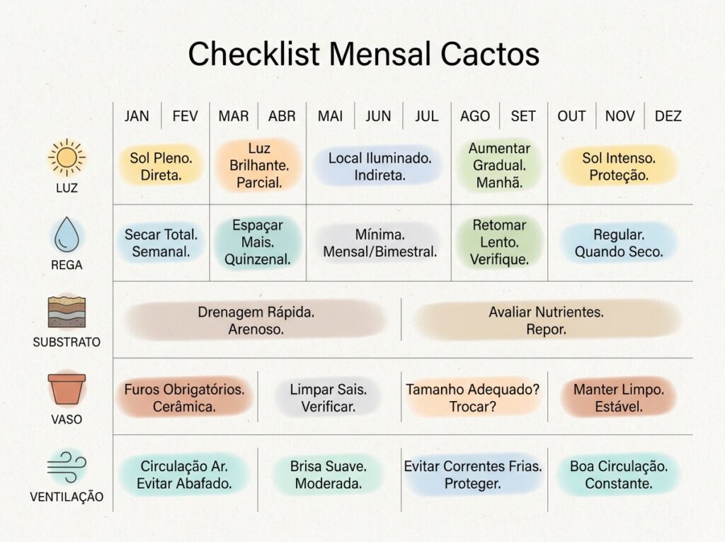 checklist visual de cuidados mensais para cactos cultivados dentro de casa