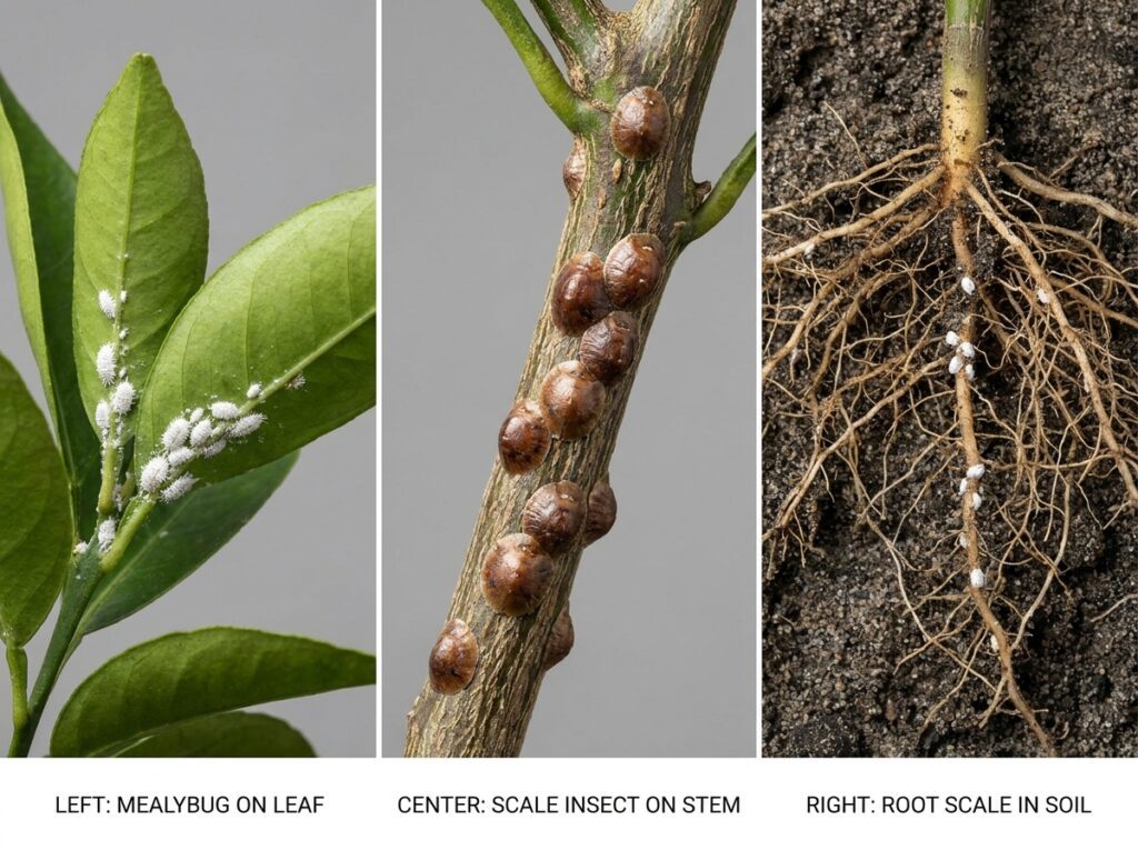 Comparação entre tipos de cochonilhas: farinhenta, carapaça e de raiz