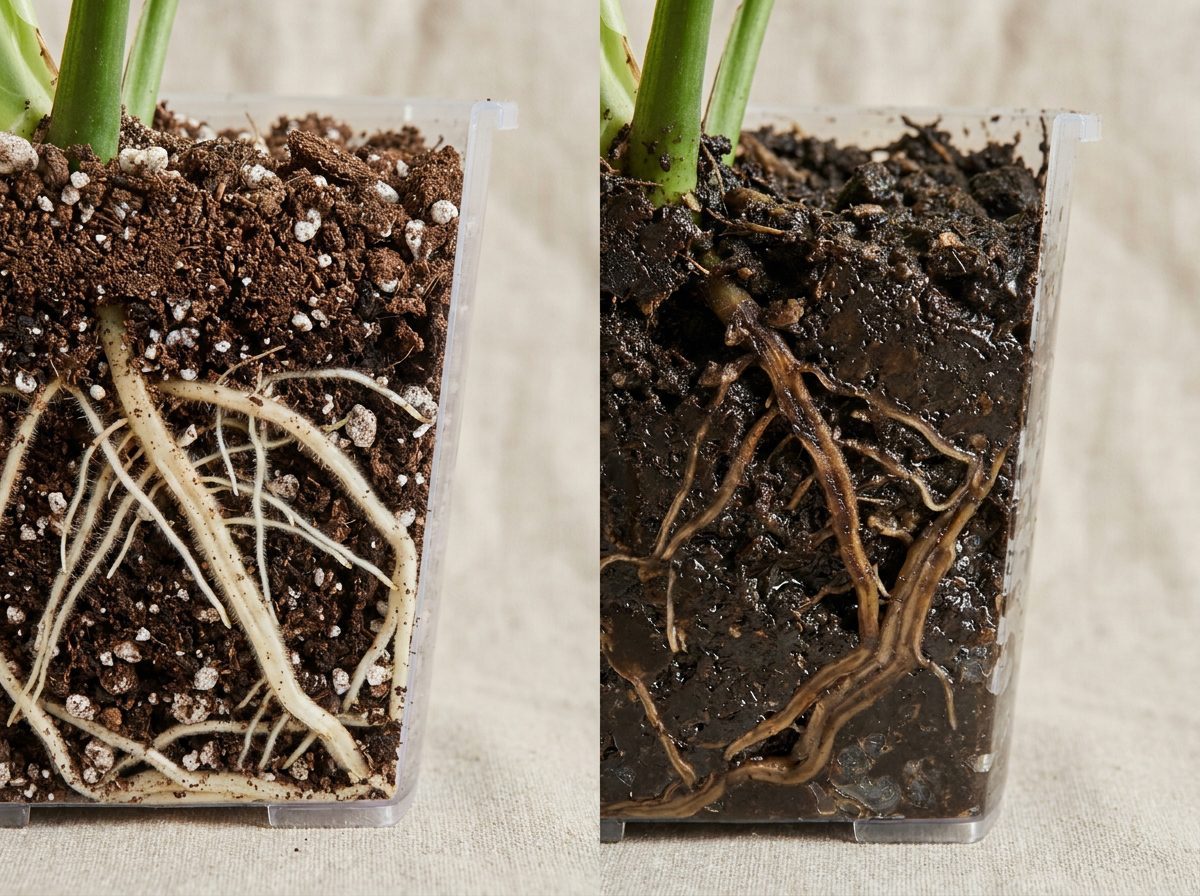 Comparação de raízes saudáveis e apodrecidas em vasos mostrando importância da drenagem ao escolher o vaso ideal para plantas