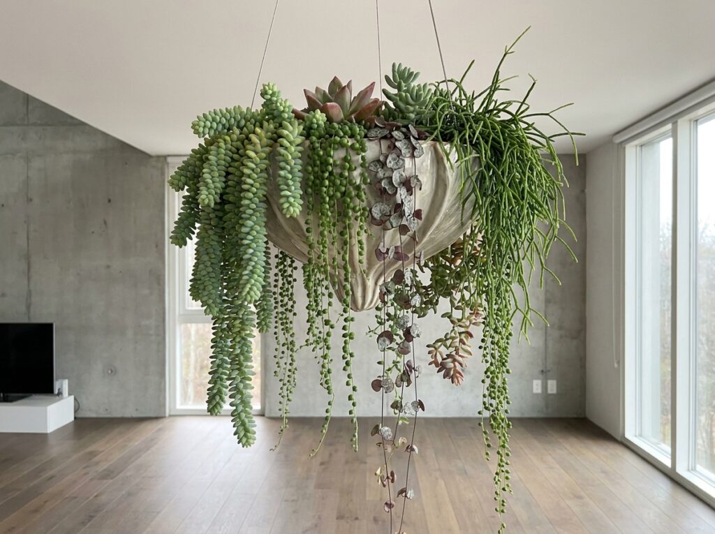Vaso com combinação de suculentas pendentes formando efeito cascata decorativo