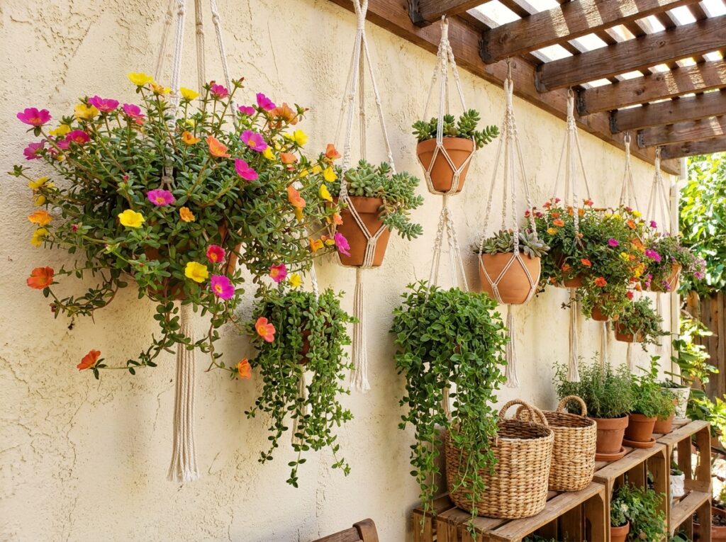Vasos com plantas pendentes de sol combinando flores e folhagens em cascata