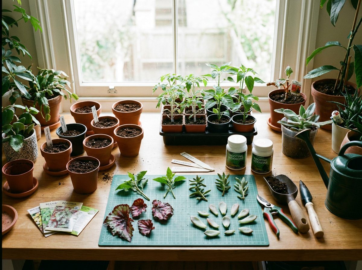 Preparação de diferentes mudas de plantas em casa com estacas, folhas e vasos mostrando como fazer muda de plantas