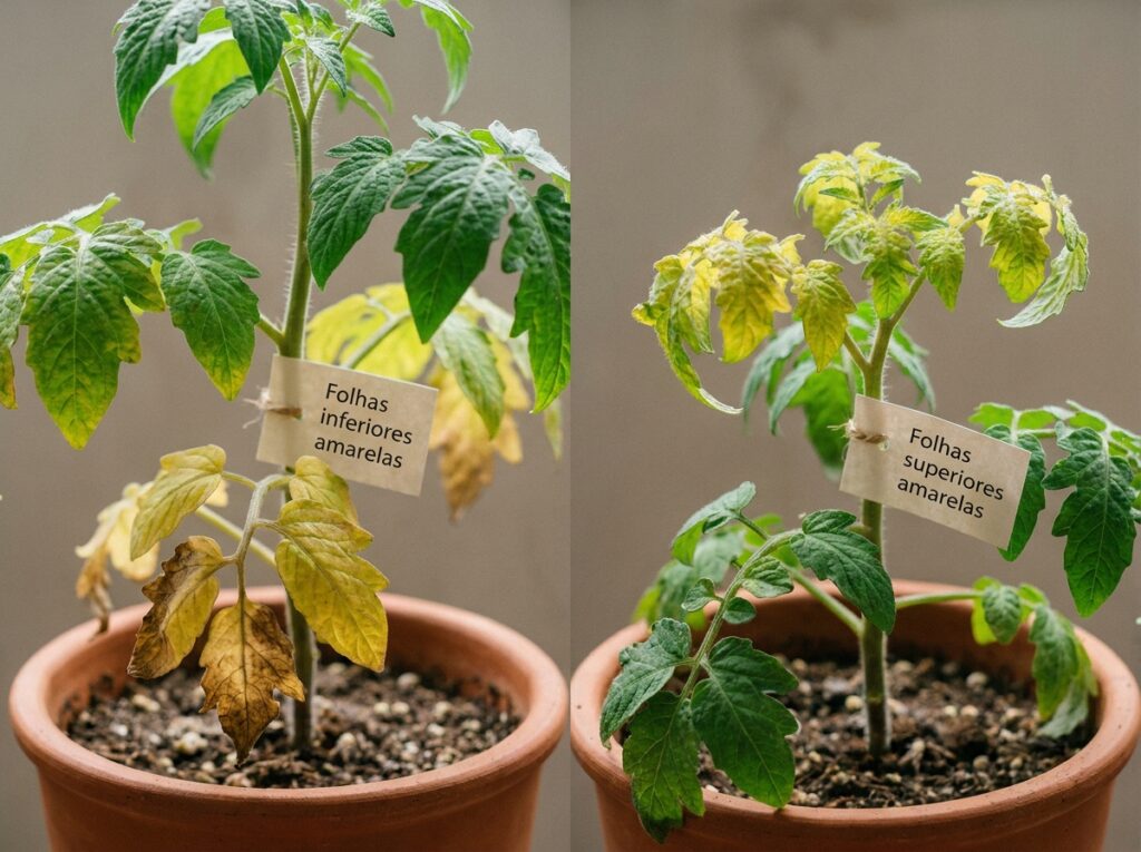 comparação entre folhas amarelas inferiores e superiores em plantas para diagnóstico de como recuperar planta com folhas amarelas