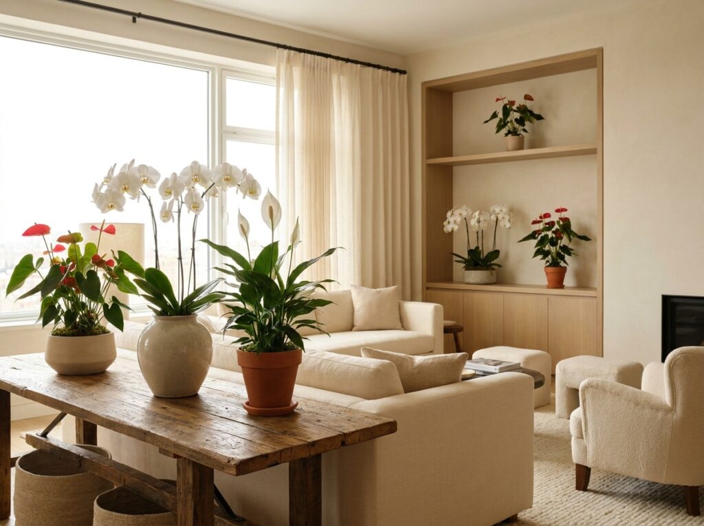 Flores decorando ambiente interno com espécies adaptadas à luz indireta