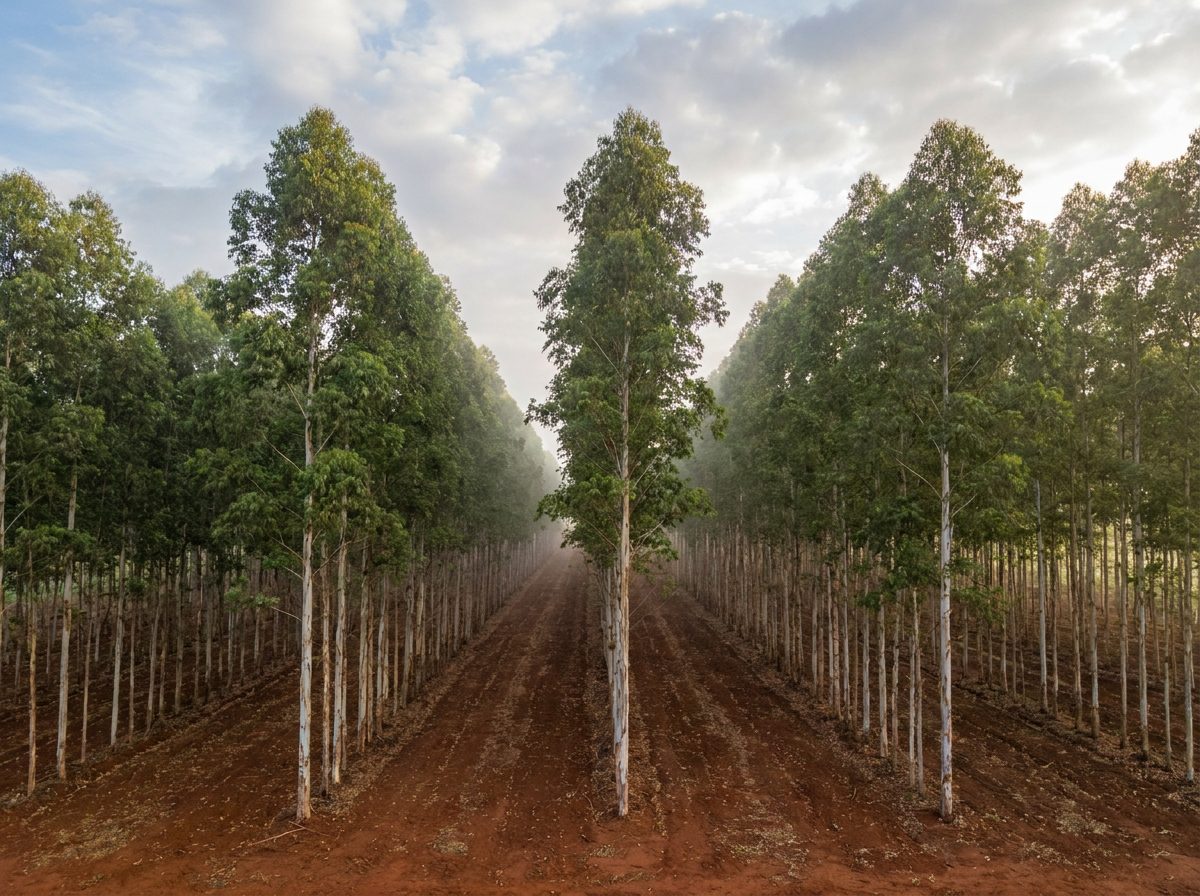 Plantação comercial com diferentes tipos de eucalipto cultivados em fileiras no Brasil