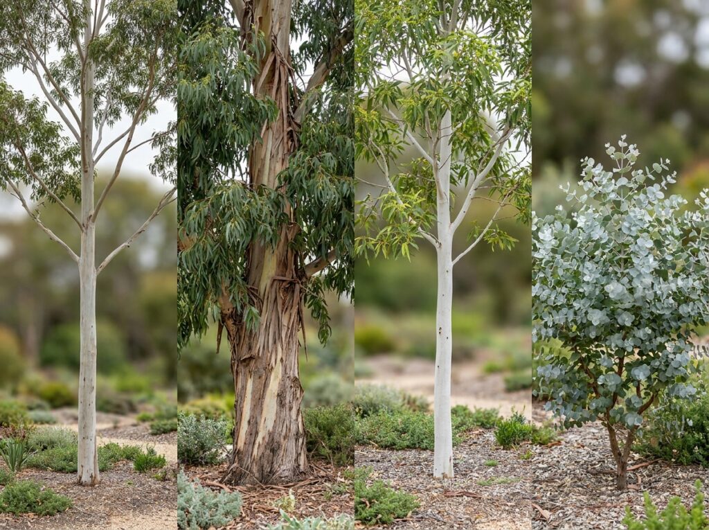 Imagem comparativa mostrando diferentes tipos de eucalipto e suas variações visuais