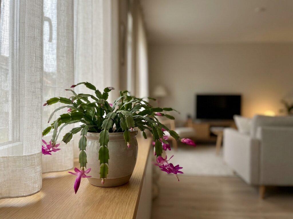 Flor de maio em ambiente interno com luz indireta mostrando condição ideal de iluminação