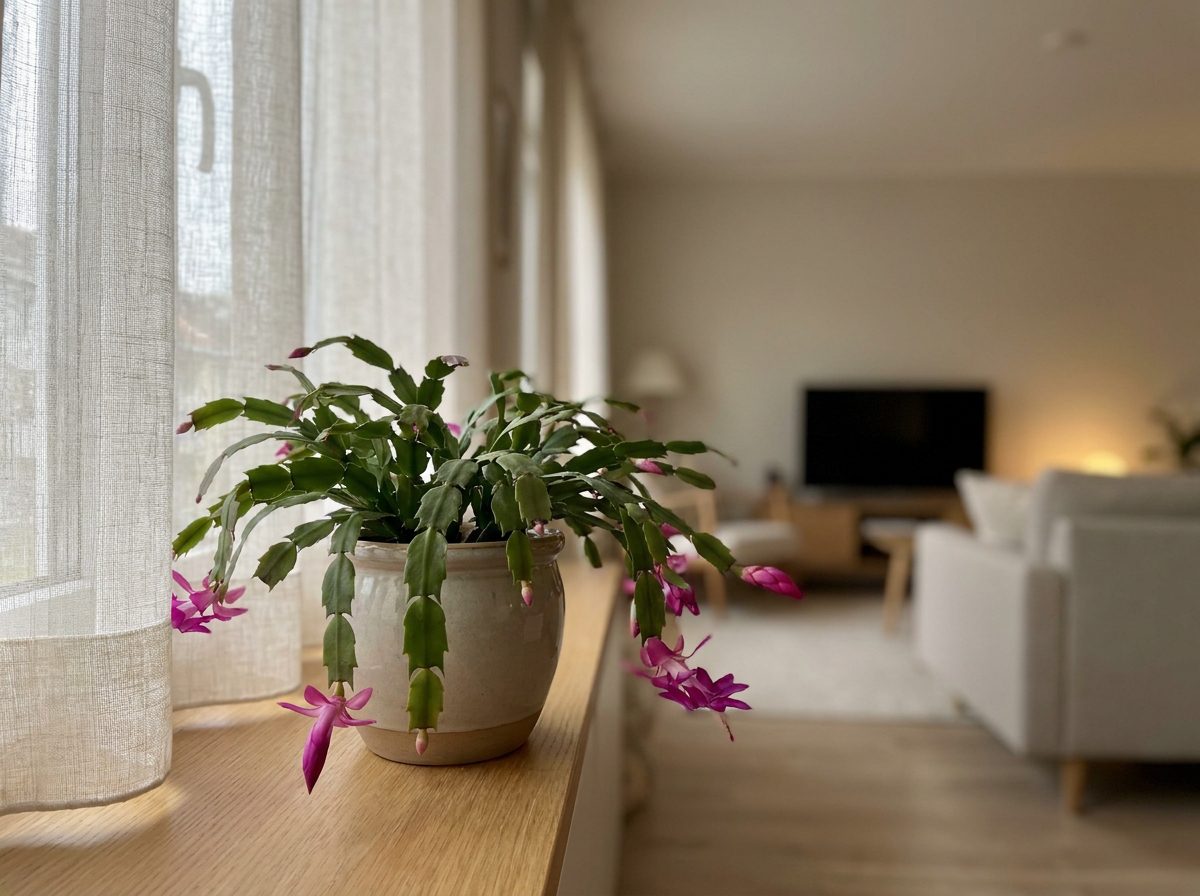 Flor de maio em ambiente interno com luz indireta mostrando condição ideal de iluminação