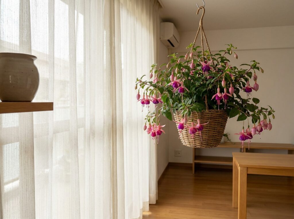 Flor de maio próxima à janela com cortina recebendo luz indireta adequada