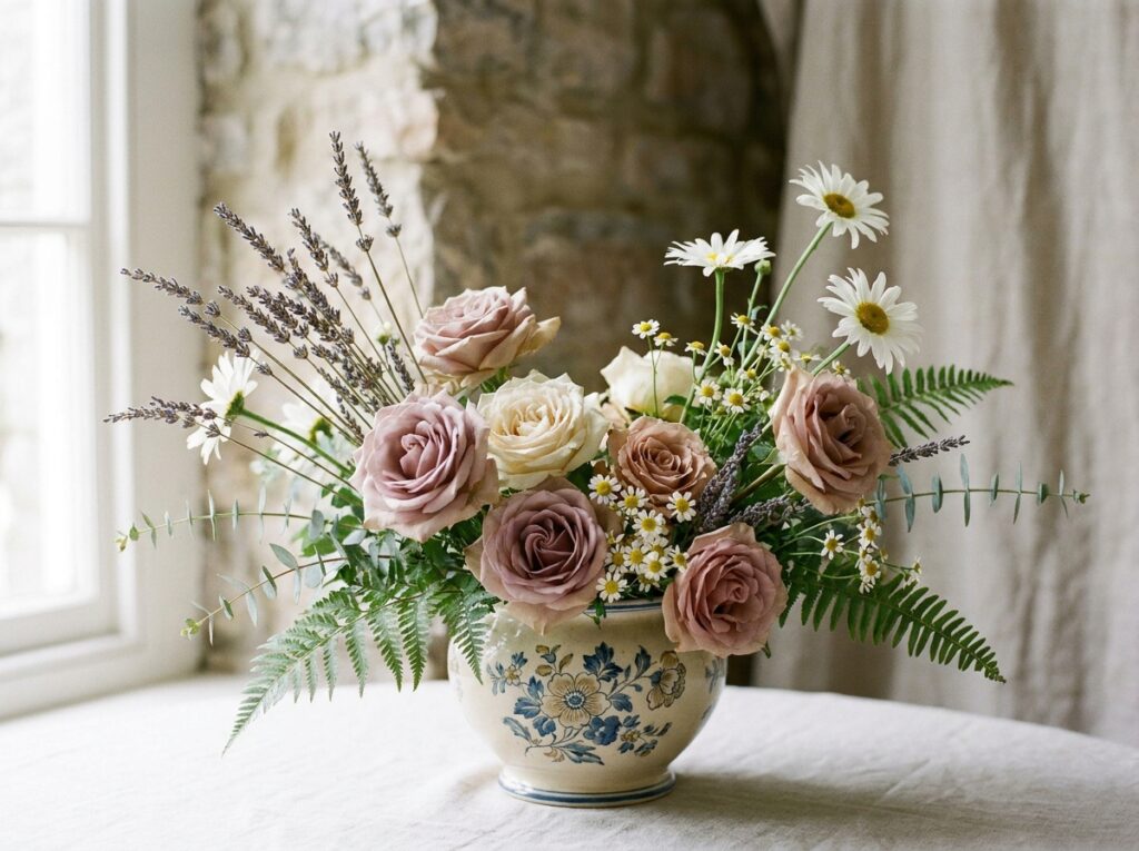 Arranjo com diferentes tipos de flores combinadas de forma equilibrada