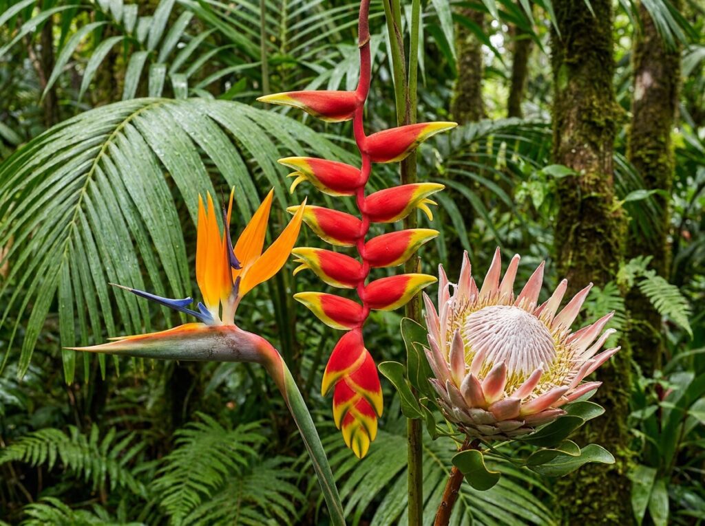 Flores exóticas como ave-do-paraíso, helicônia e protea entre tipos de flores nomes
