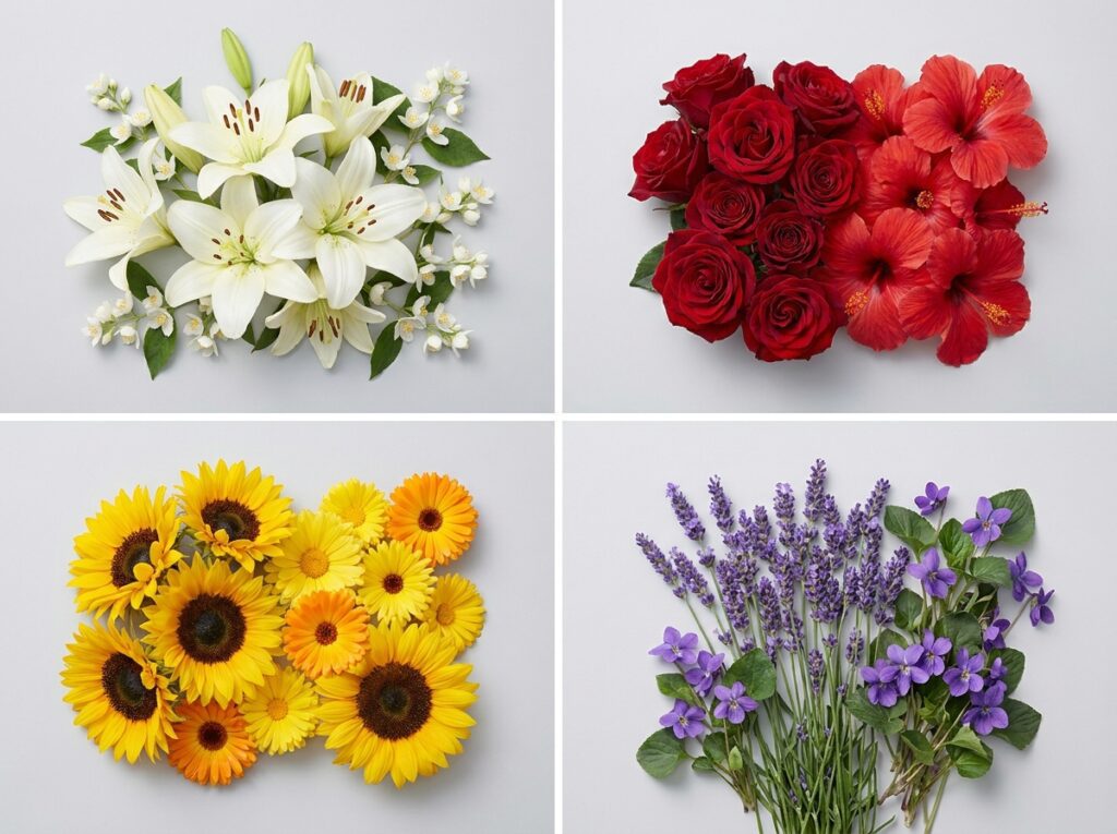 Tipos de flores nomes organizados por cores como branco, vermelho, amarelo e roxo