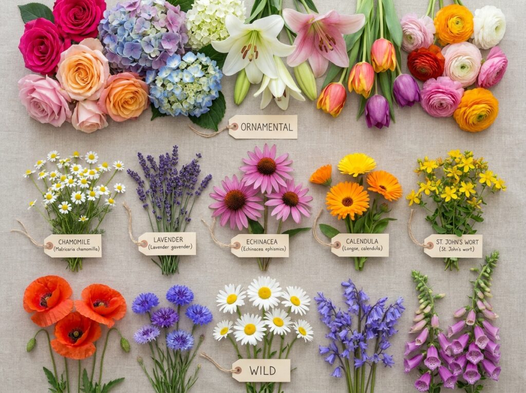 Tipos de flores organizadas por categorias ornamentais, medicinais e silvestres