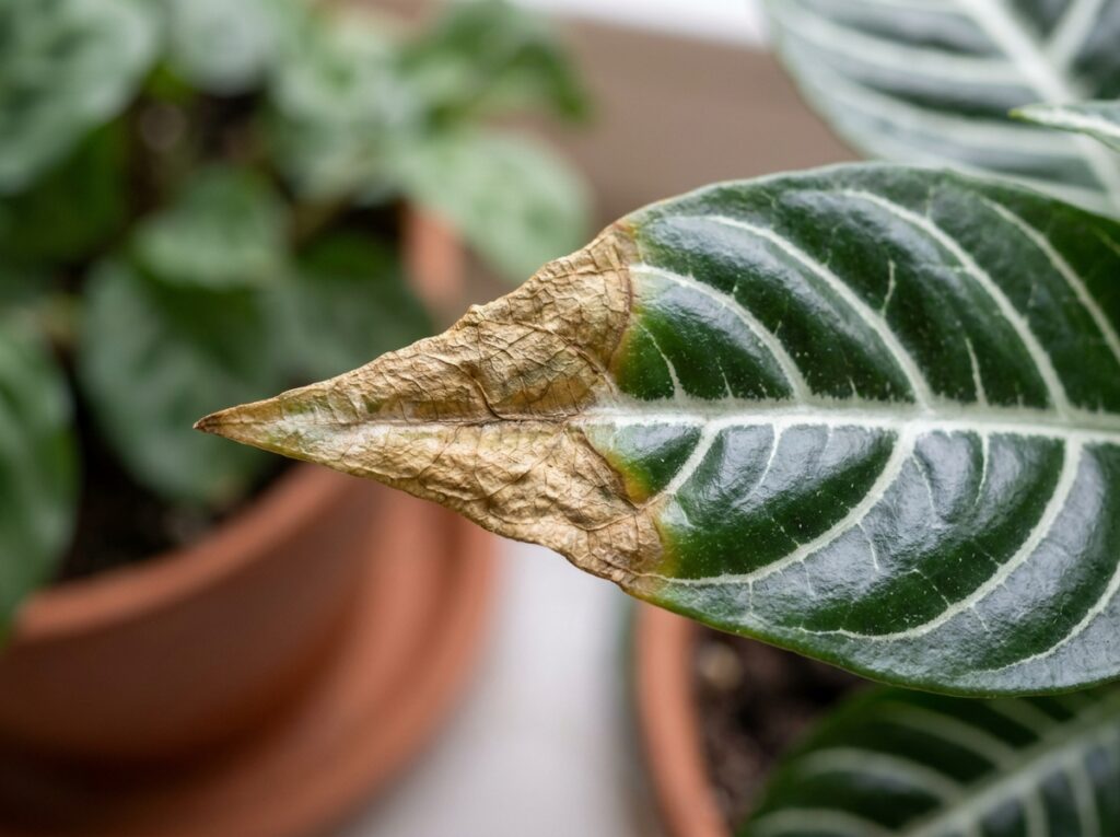 folha de aphelandra com ponta seca causada por baixa umidade