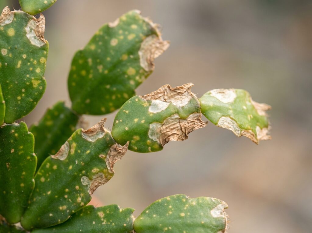 Folhas de flor de maio com manchas de queimadura causadas por sol direto forte