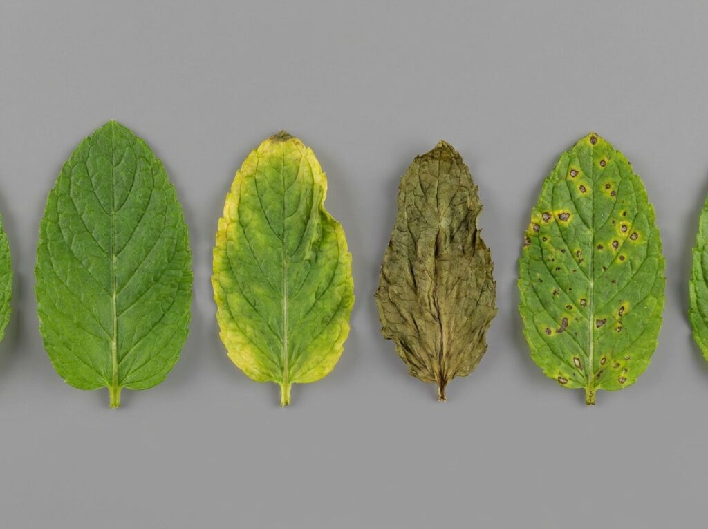 folhas de hortelã com sinais de excesso de água e falta de luz em cultivo doméstico