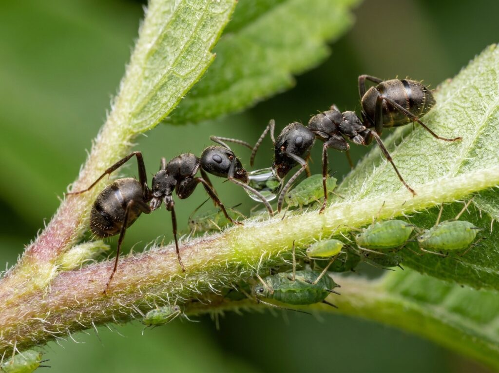 formigas interagindo com pulgões mostrando relação que dificulta eliminar pulgões das plantas