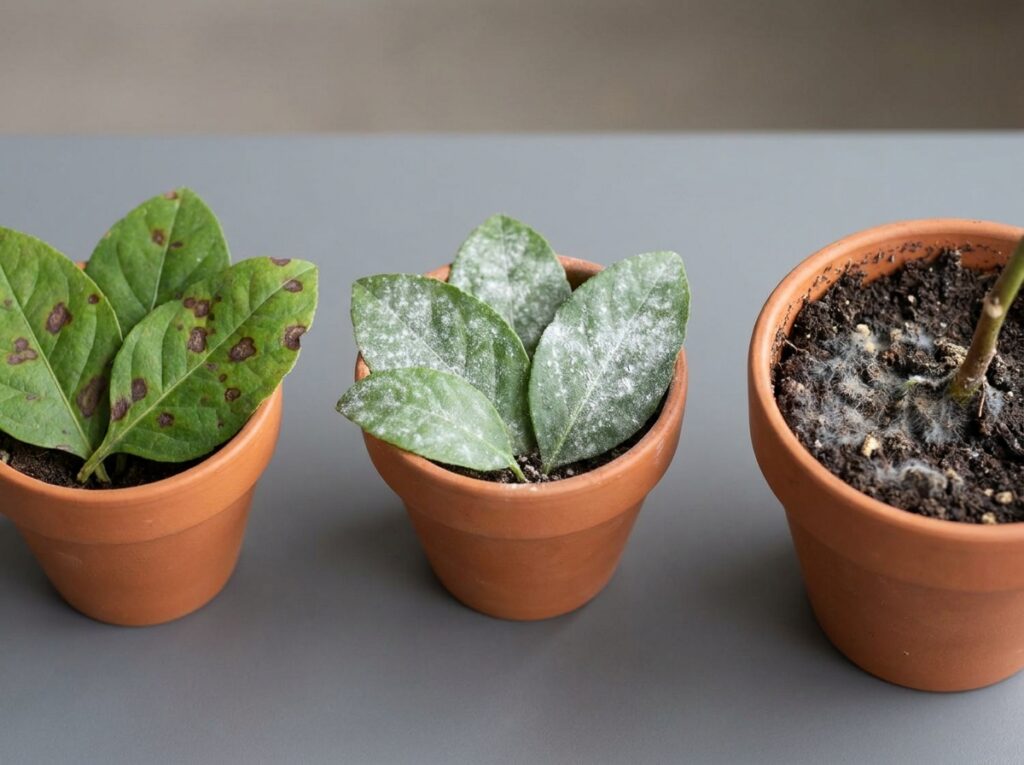 folhas com manchas fúngicas oídio e mofo no solo mostrando como evitar fungos em plantas