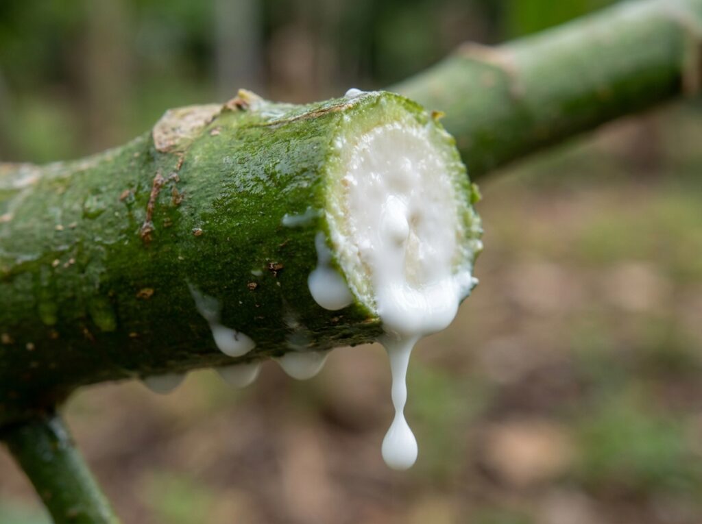 Látex branco saindo do aveloz mostrando substância tóxica da planta