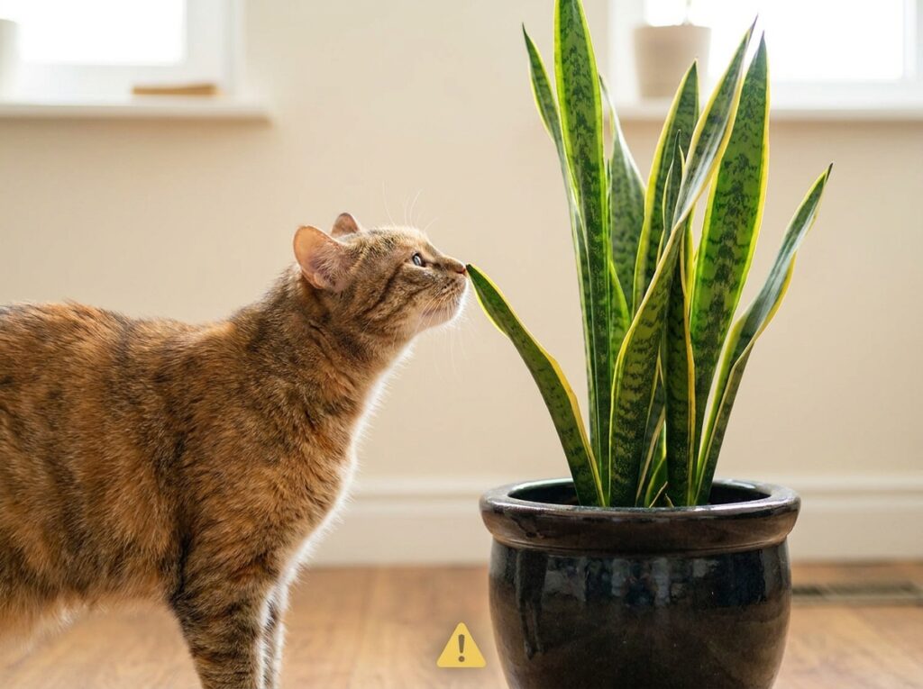 Gato próximo à planta espada de São Jorge com símbolo de alerta indicando risco para pets