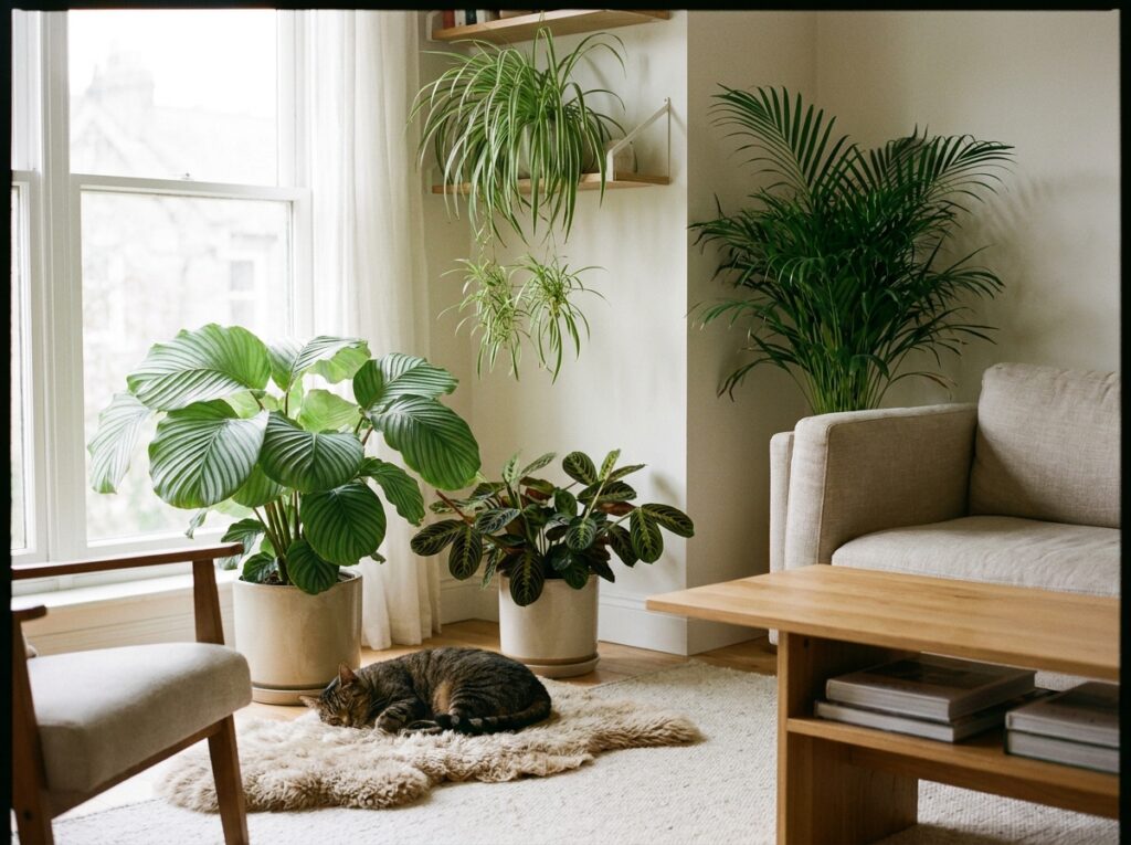Ambiente com plantas seguras para gatos e gato convivendo sem risco