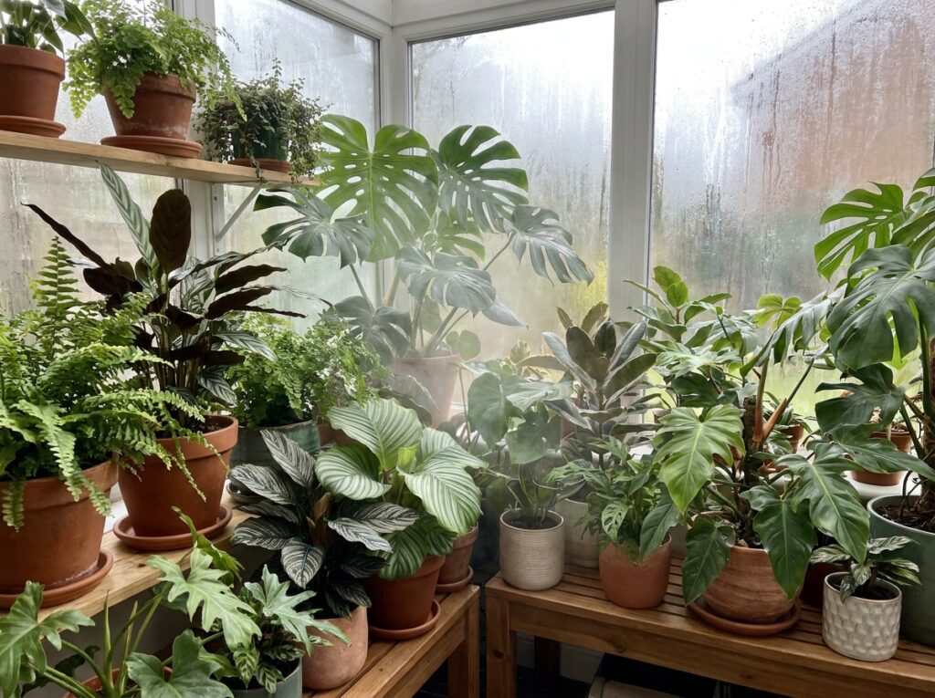 plantas tropicais agrupadas aumentando umidade do ambiente no cuidado de plantas tropicais