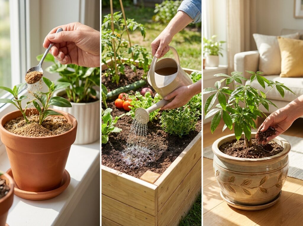 aplicação de fertilizantes caseiros para plantas em vasos pequenos horta e plantas internas