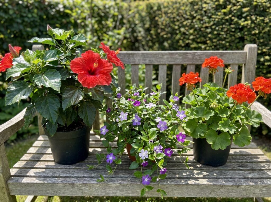 hibisco vinca e gerânio floridos lado a lado entre plantas que florescem o ano todo