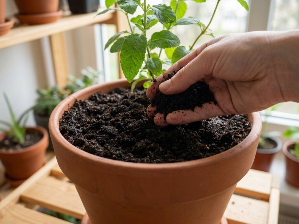 húmus de minhoca sendo aplicado em vaso como fertilizante caseiro para plantas
