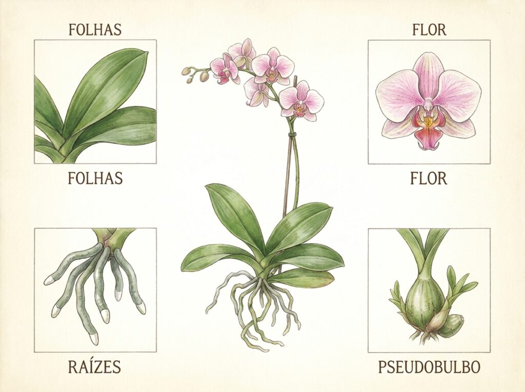 Partes de uma orquídea como folhas, raízes e pseudobulbos usadas para identificar tipos de orquídeas do mato
