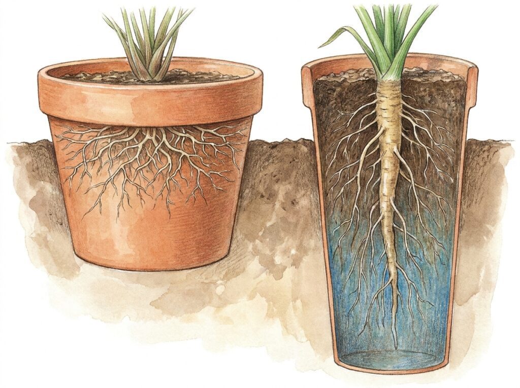 Diferença entre raízes superficiais e profundas indicando profundidade ideal ao escolher vaso para plantas