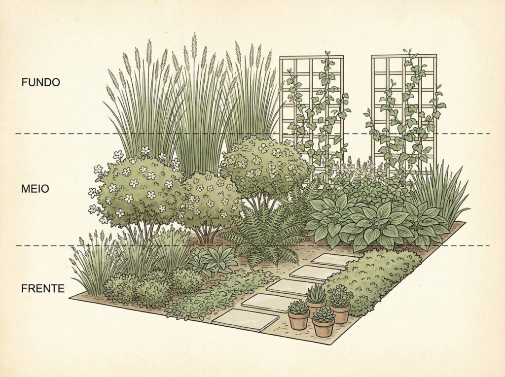 imagem esquemática de jardim pequeno em camadas com fundo meio e frente para plantas ornamentais