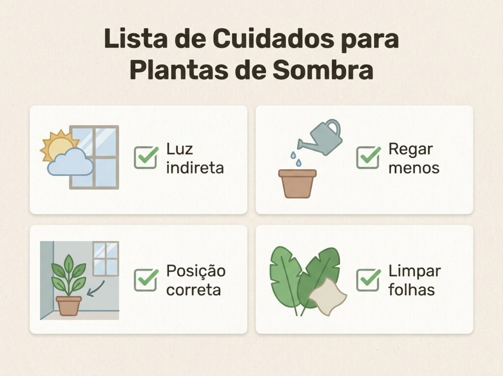 infográfico com checklist de cuidados para plantas que gostam de sombra total