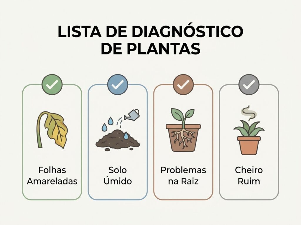infográfico com checklist de sinais de excesso de água em plantas