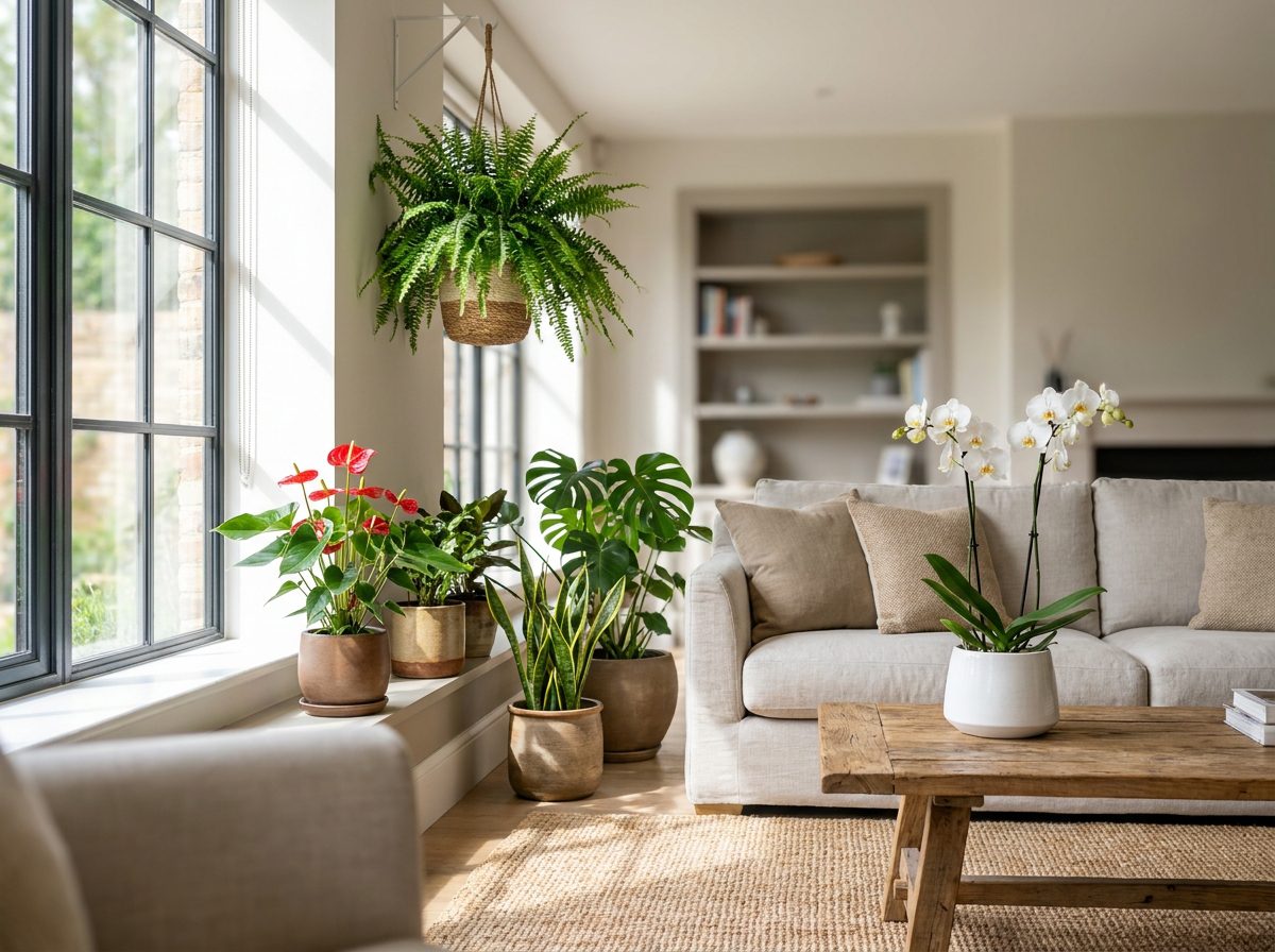 Plantas ornamentais em decoração de sala mostrando diferentes tipos de plantas para interiores