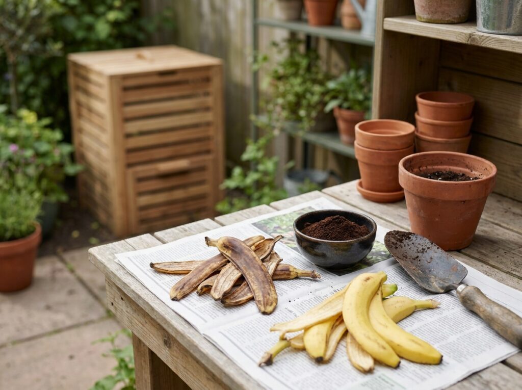 resíduos domésticos organizados para fertilizantes caseiros para plantas com casca de banana borra de café e composteira